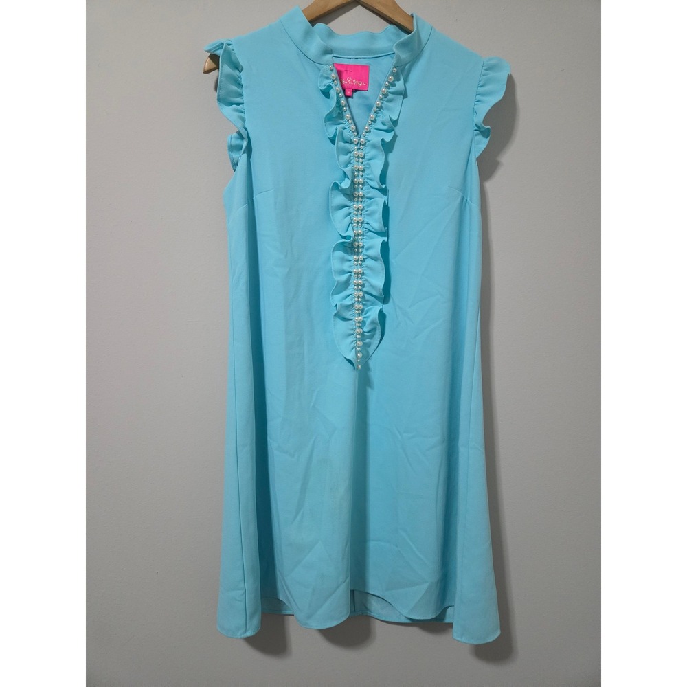 Lilly Pulitzer Blue‎ Pearl Embellished Ruffle Neck Shift Dress Size 8